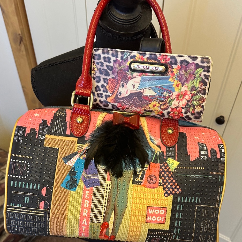 Nicole Lee Vibrant Pink and Red Bag and matching wallet sparkles set